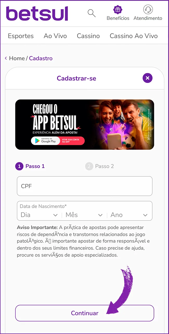 Crie sua conta na Betsul.
