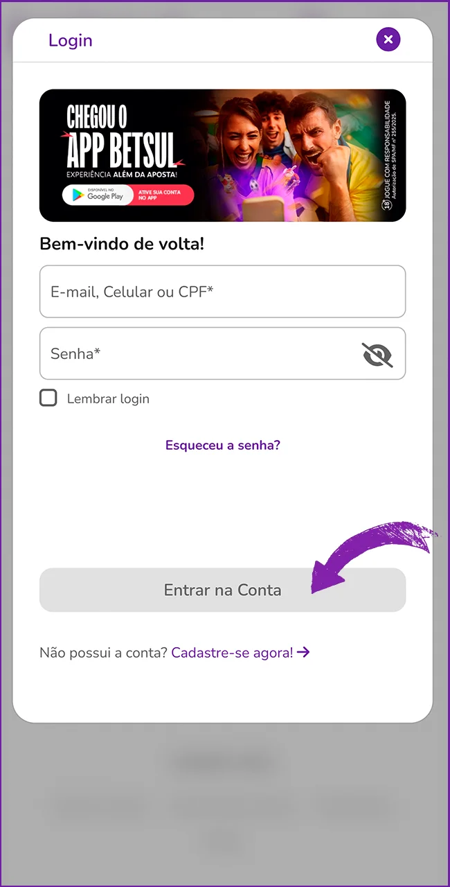 Faça login na Betsul.