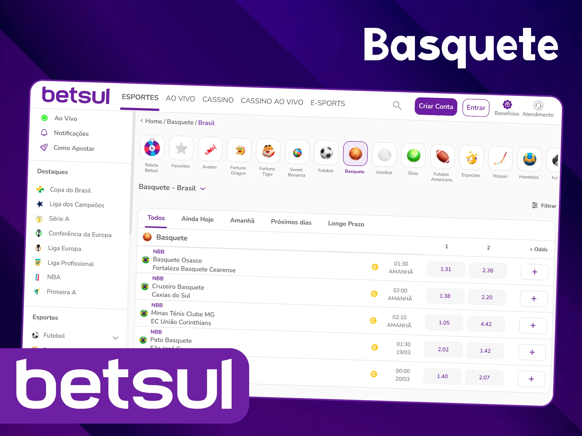 Aposte em basquete pelo oficial Betsul.
