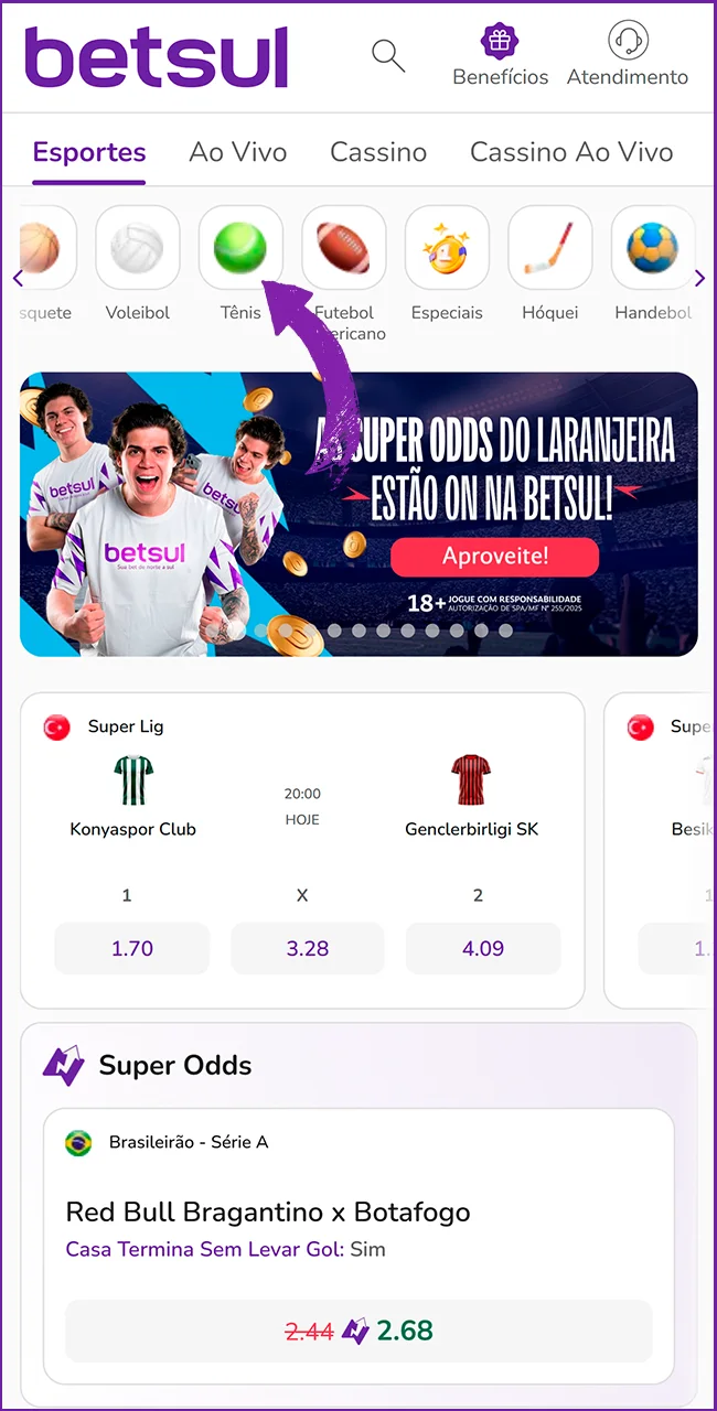 Escolha o torneio na Betsul.